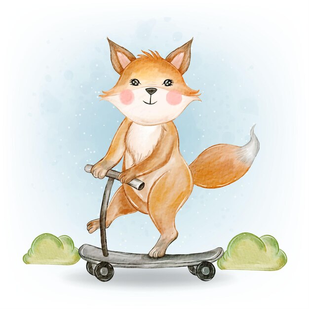 Baby fox adorable playing scooter watercolor