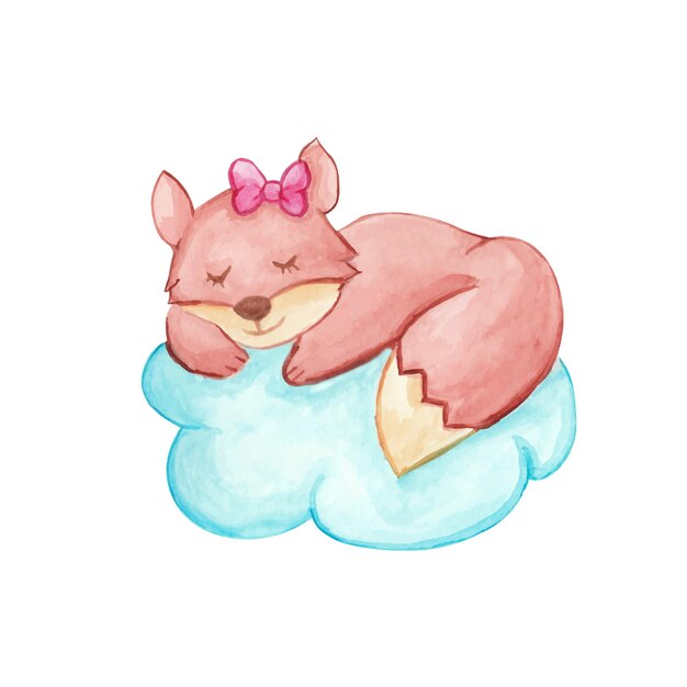 Baby fox sleeping in a cloud at the sky handmade watercolor drawing