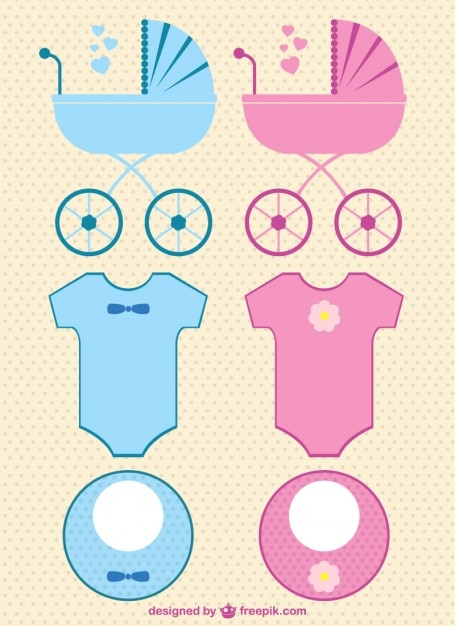 Free vector baby girl and boy carriages and clothes