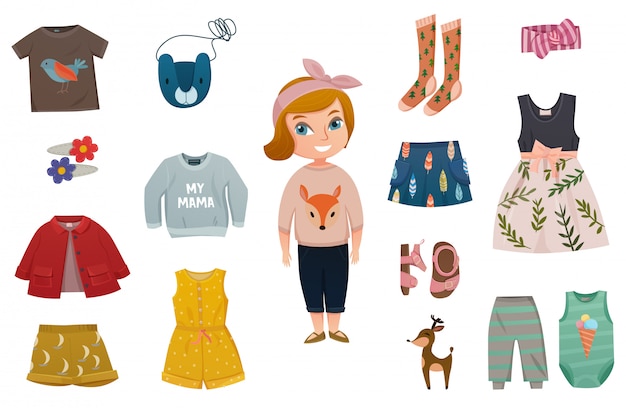 Бесплатное векторное изображение baby girl fashion icon set
