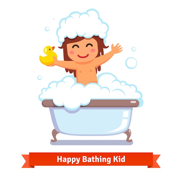 Free vector baby girl taking bath with duck toy and bubbles