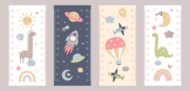 Baby height growth chart with cute animals rainbow cloud sun and galaxy space