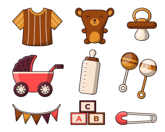 Free vector baby items icon set with toys and accessory for kids in cartoon style