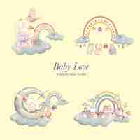 Free vector baby love scenes set, watercolor style