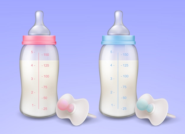 Free vector baby milk bottles with nipples and pacifiers