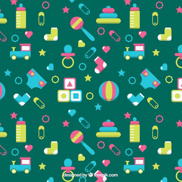 Baby pattern with colorful objects and green background