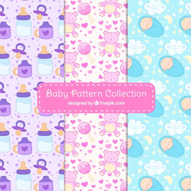 Baby patterns collection in hand drawn style