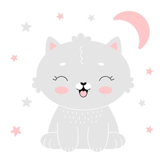 Плакат детской комнаты с милым серым котенком и розовой луной. простая векторная иллюстрация