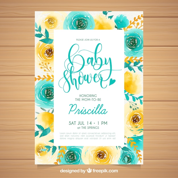 Free vector baby shower card invitation with watercolor flowers