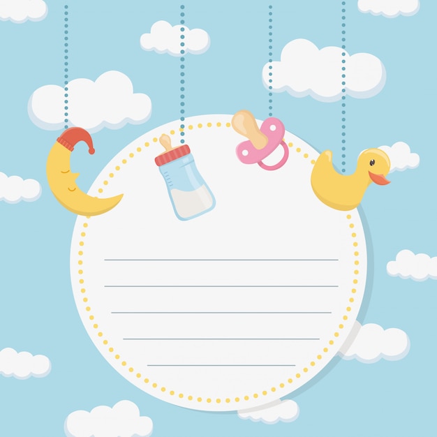 Free vector baby shower card with accessories hanging