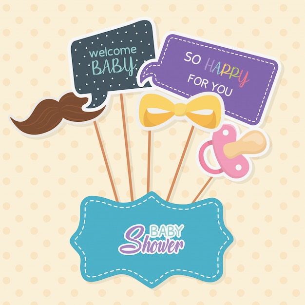 Free vector baby shower card with accossories and messages in stick