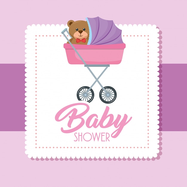 Baby shower card with bear teddy in cart