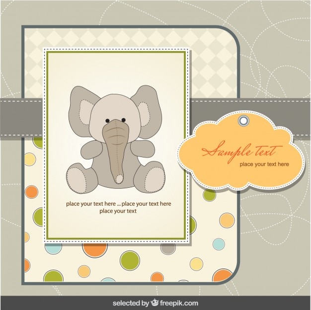 Free vector baby shower card with elephant in scrapbook style