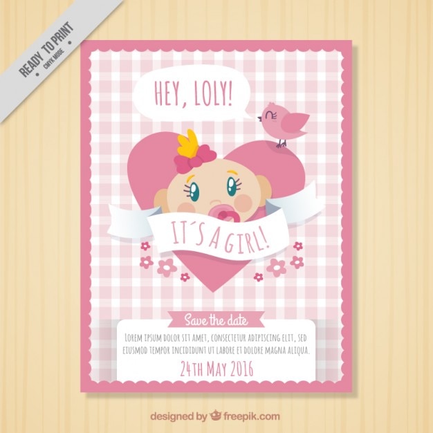 Free vector baby shower card with a girl inside heart