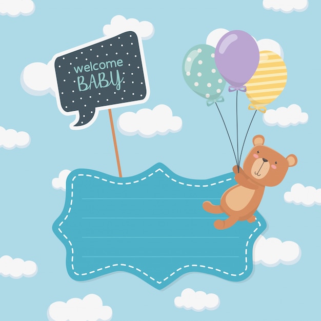 Открытка на празднование появления ребенка с медвежонком Тедди и воздушными шарами с гелием