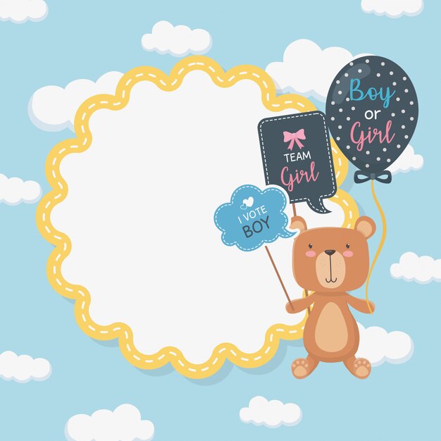 Baby shower card with little bear teddy and balloons helium