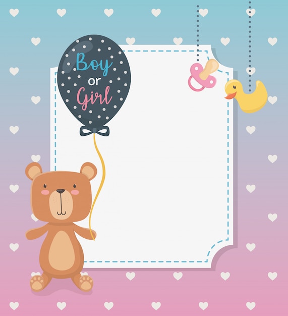 Открытка на празднование появления ребенка с медвежонком Тедди и воздушными шарами с гелием