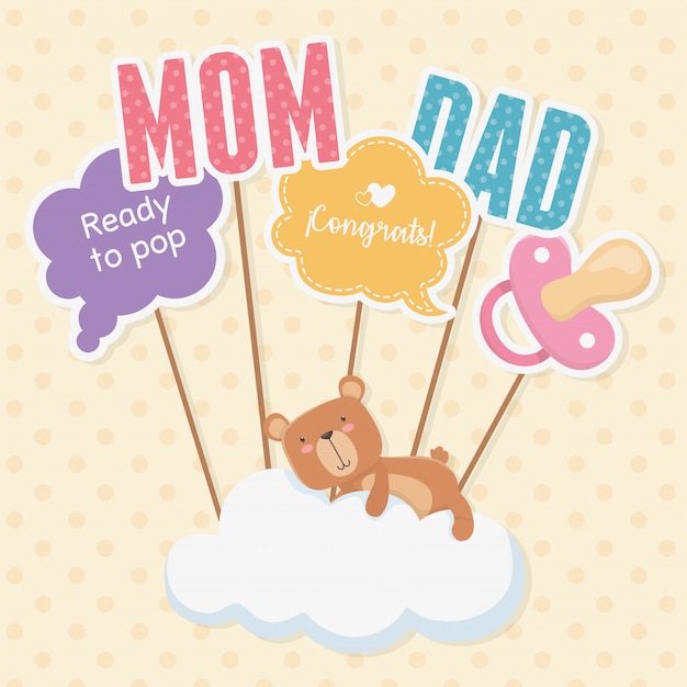 Free vector baby shower card with little bear teddy in cloud