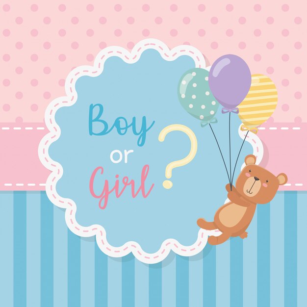 Baby shower card with little bear teddy with balloons helium