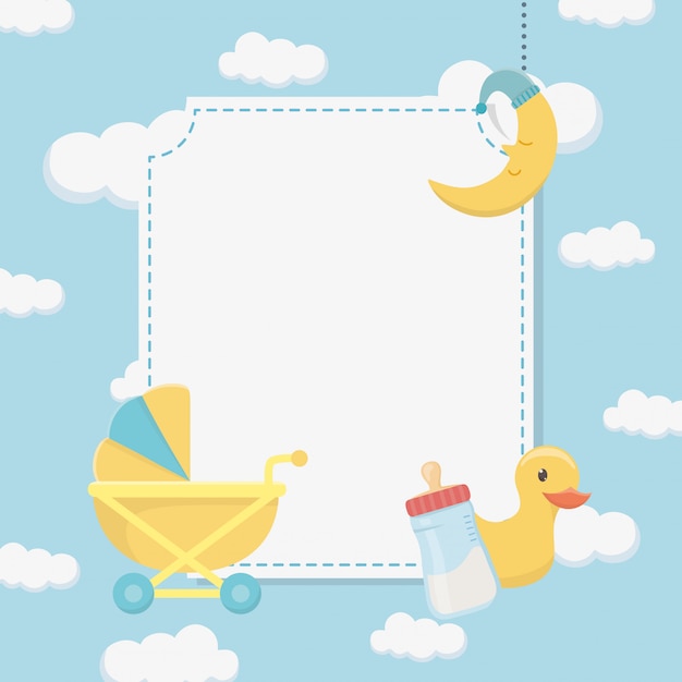 Vettore gratuito baby shower card con anatra in gomma e accessori