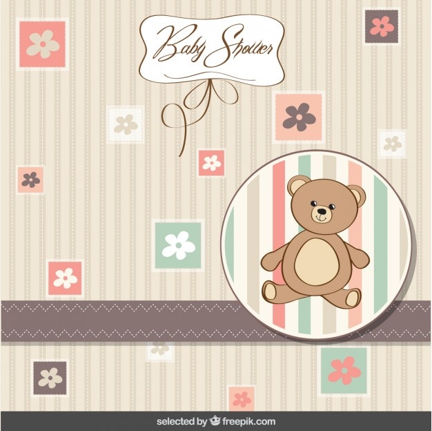 Free vector baby shower card with teddy bear and flowers