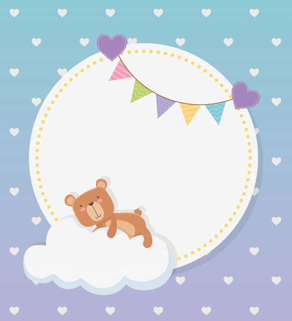 구름과 화환에 곰 테디 베이비 샤워 원형 카드