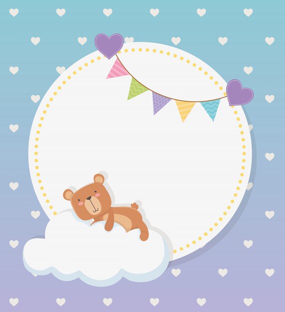구름과 화환에 곰 테디 베이비 샤워 원형 카드