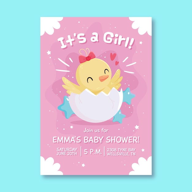 Baby shower illustrated invitation for baby girl