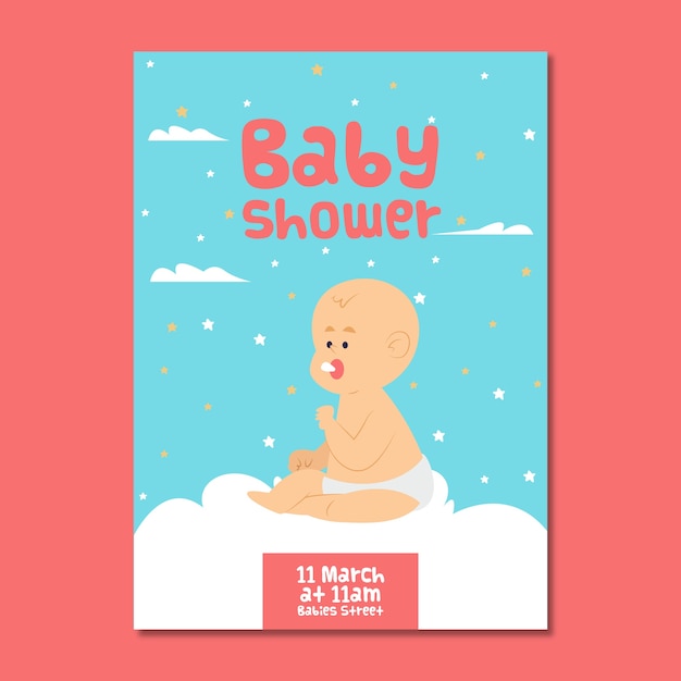 Free vector baby shower invitation for boy with illustration