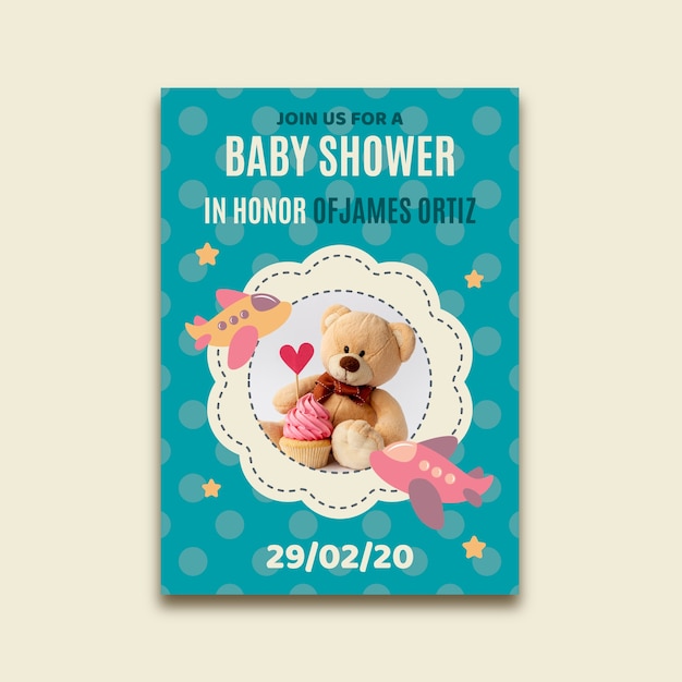 Бесплатное векторное изображение Шаблон приглашения baby shower для мальчика с фото