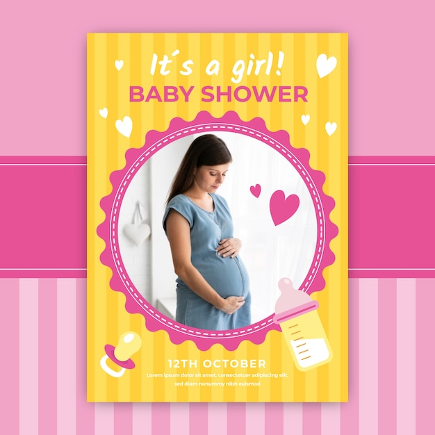 Baby shower invitation with beautiful pregnant woman