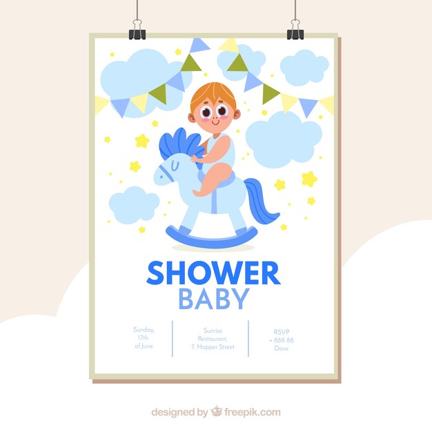 Baby shower invitation with boy in flat style