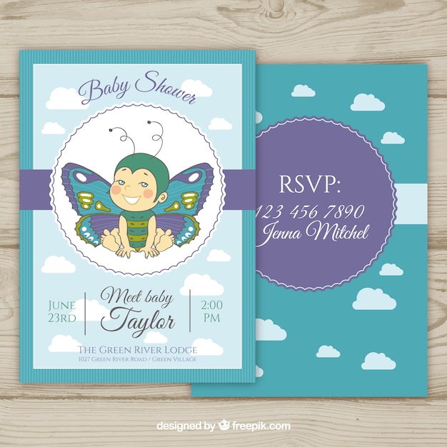 Baby shower invitation with butterfly in hand drawn style