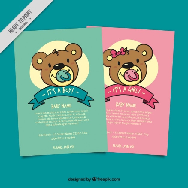 Free vector baby shower invitation with cute teddy bear