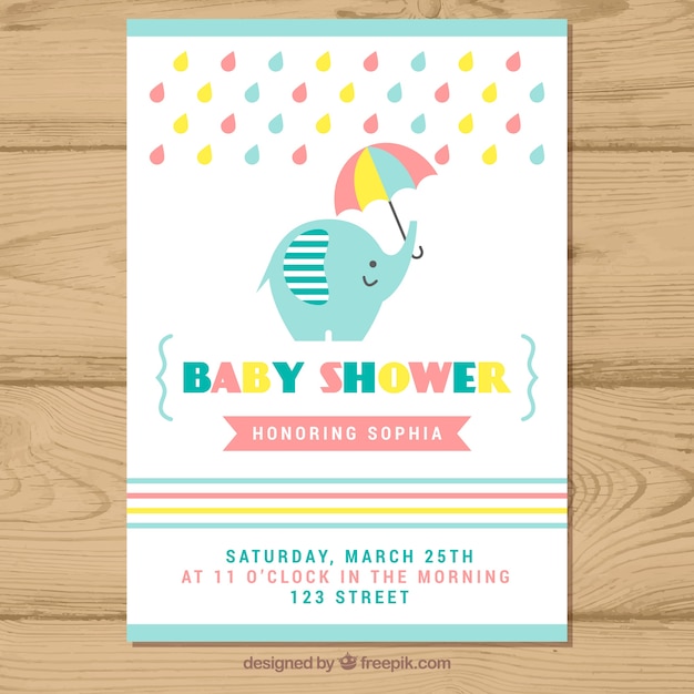 Baby Shower Invitation With Elephant In Flat Style