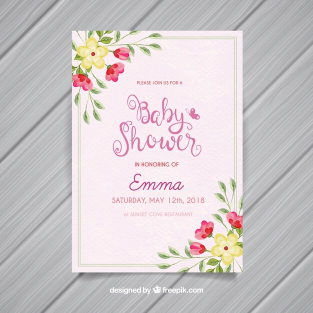 Free vector baby shower invitation with flowers in watercolor style