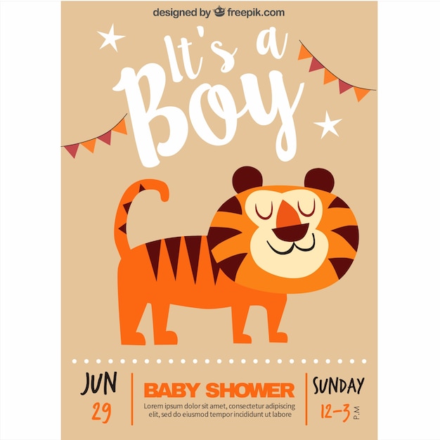 Baby shower invitation with a smiling tiger