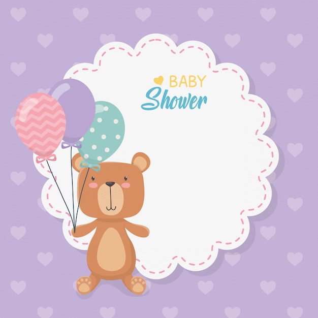 Vettore gratuito carta pizzo baby shower con orsacchiotto e palloncini elio