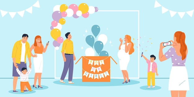 Бесплатное векторное изображение Детская вечеринка с счастливыми ожидающими родителями гостями и красочными воздушными шарами с плоской векторной иллюстрацией