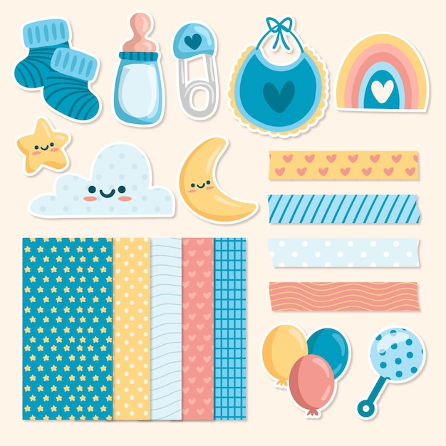 Baby Stickers. Kids, Children Design Elements for Scrapbook. Decorative  Vector Icons with Toys, Clothes, Sun and Other Cute Newbor Stock Vector -  Illustration of colletion, newborn: 90675512