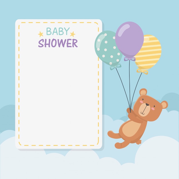 Baby shower square card with little bear teddy and balloons helium