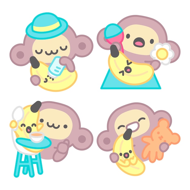 무료 벡터 원숭이와 바나나가 있는 아기 스티커 컬렉션