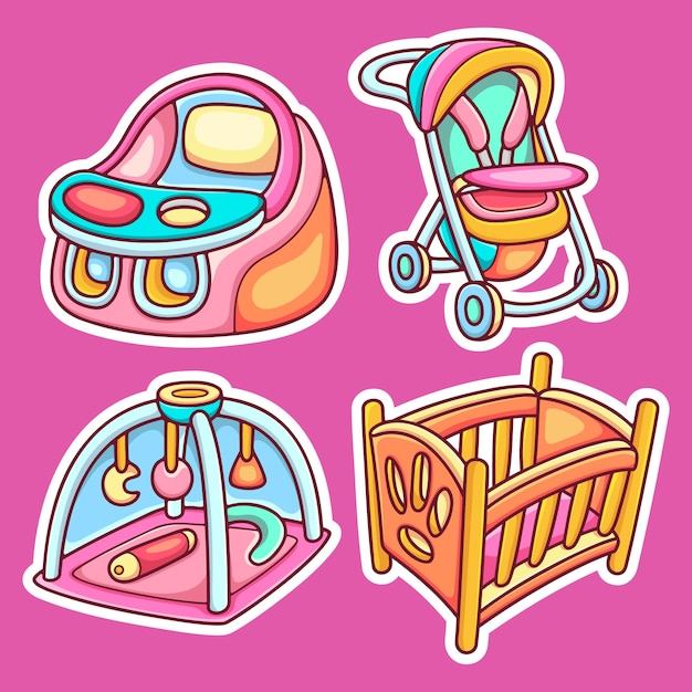 Baby supplies sticker icons hand drawn coloring vector