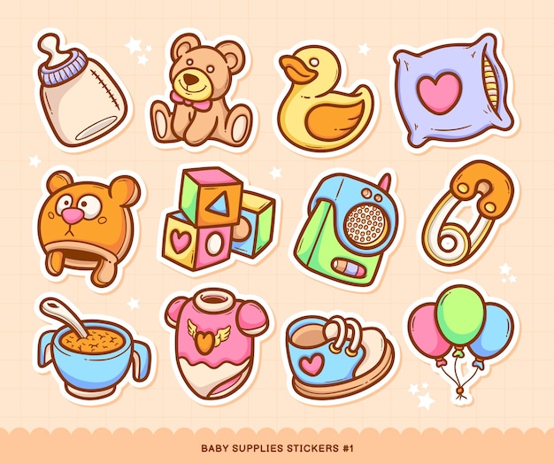 Baby Supplies Stickers Doodle Color Vector Collection