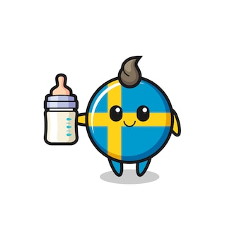 Baby sweden flag badge cartoon character with milk bottle , cute style design for t shirt, sticker, logo element