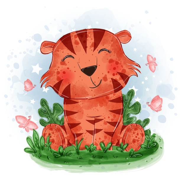 Baby tiger cute illustration sit down on the grass with butterfly