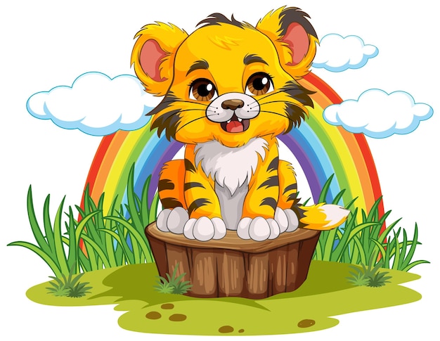 虹の背景に座っているポーズの赤ちゃんトラ