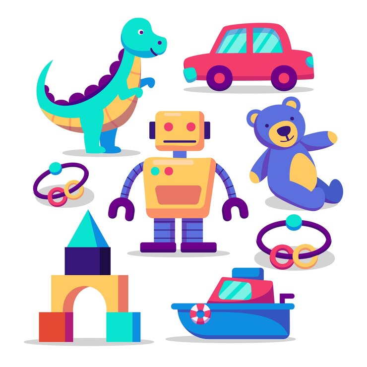 मुफ़्त वेक्टर baby toy set cute object for small children to play with wooden and plastic toys stuffed animals fun and activity vector illustration