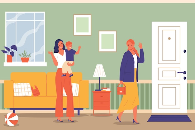 Babysitter composition with indoor living room interior and leaving mother with nanny holding child in arms illustration