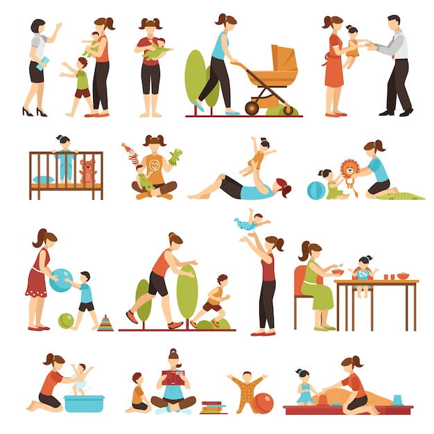 Babysitter flat set of decorative colored icons